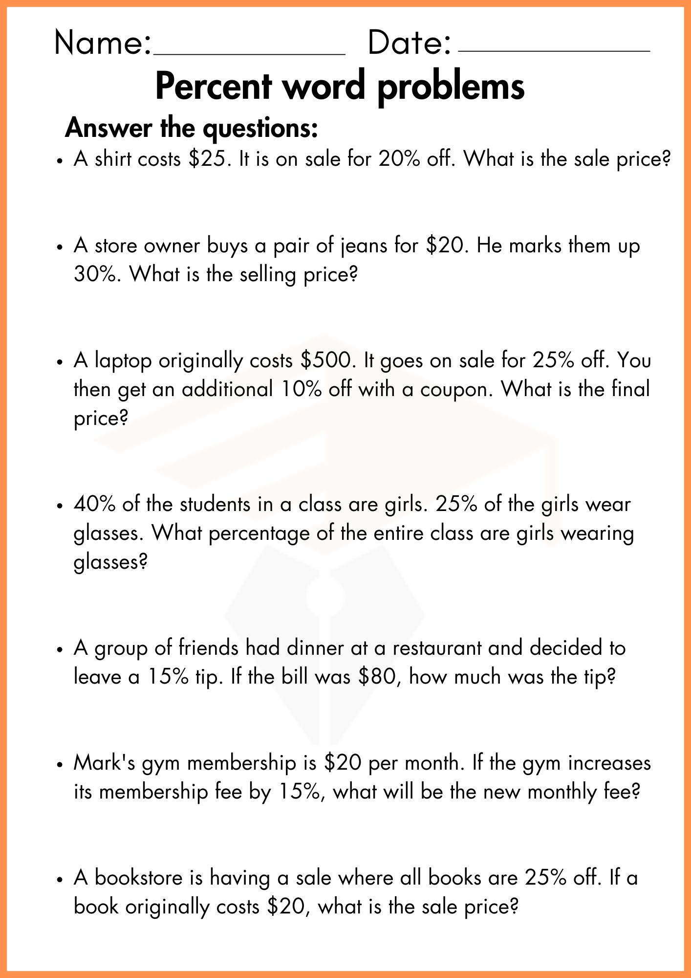 Percent Word Problems Worksheets