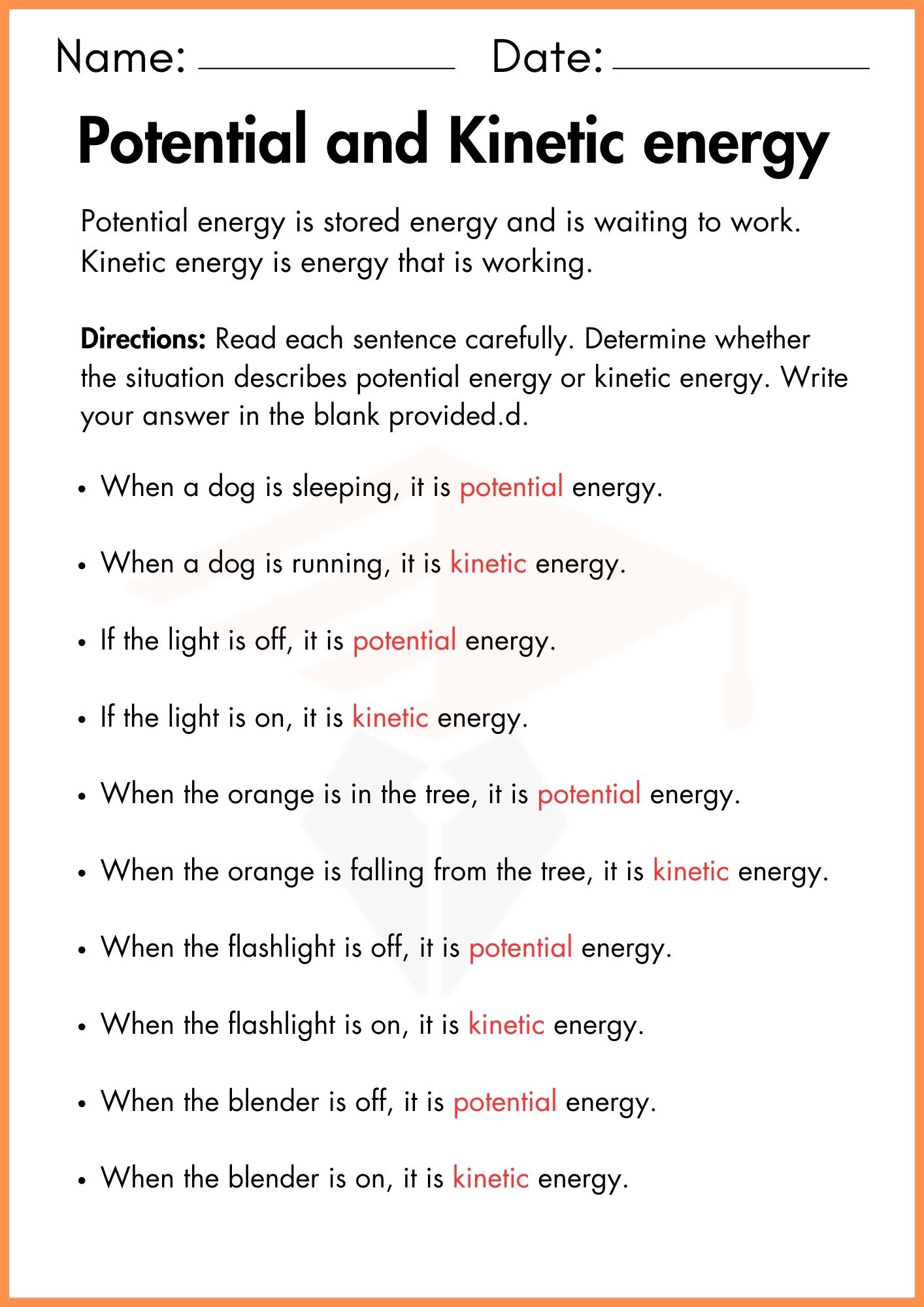 Potential And Kinetic Energy Worksheet With Answers