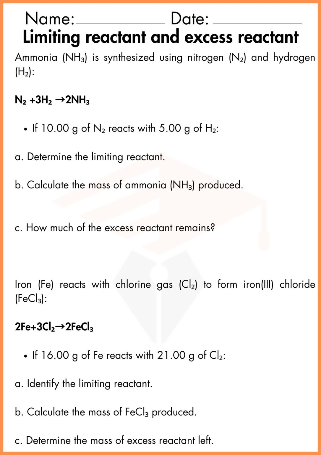 Limiting Reactant And Excess Reactant Worksheets