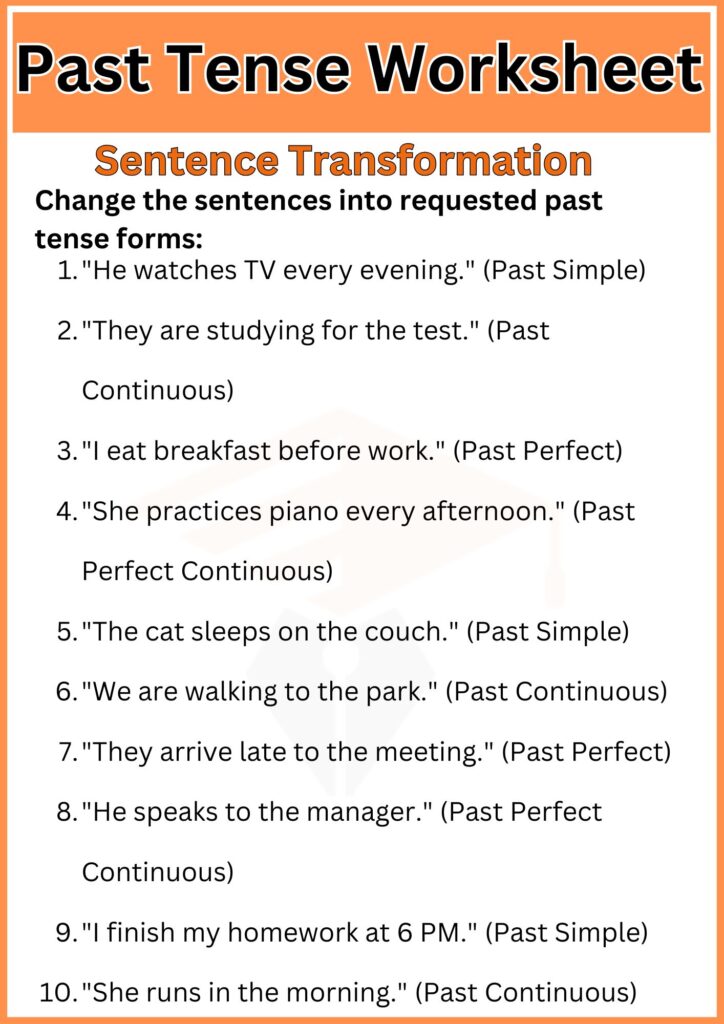 Past Tense Worksheet Sentence Transformation
