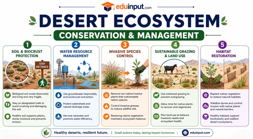 Infographic showing key conservation strategies for desert ecosystems, including biocrust protection, water management, and invasive species control.