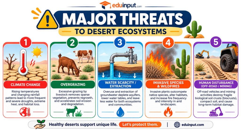Infographic illustrating the major threats to desert ecosystems, including climate change, overgrazing, water extraction, and invasive species.