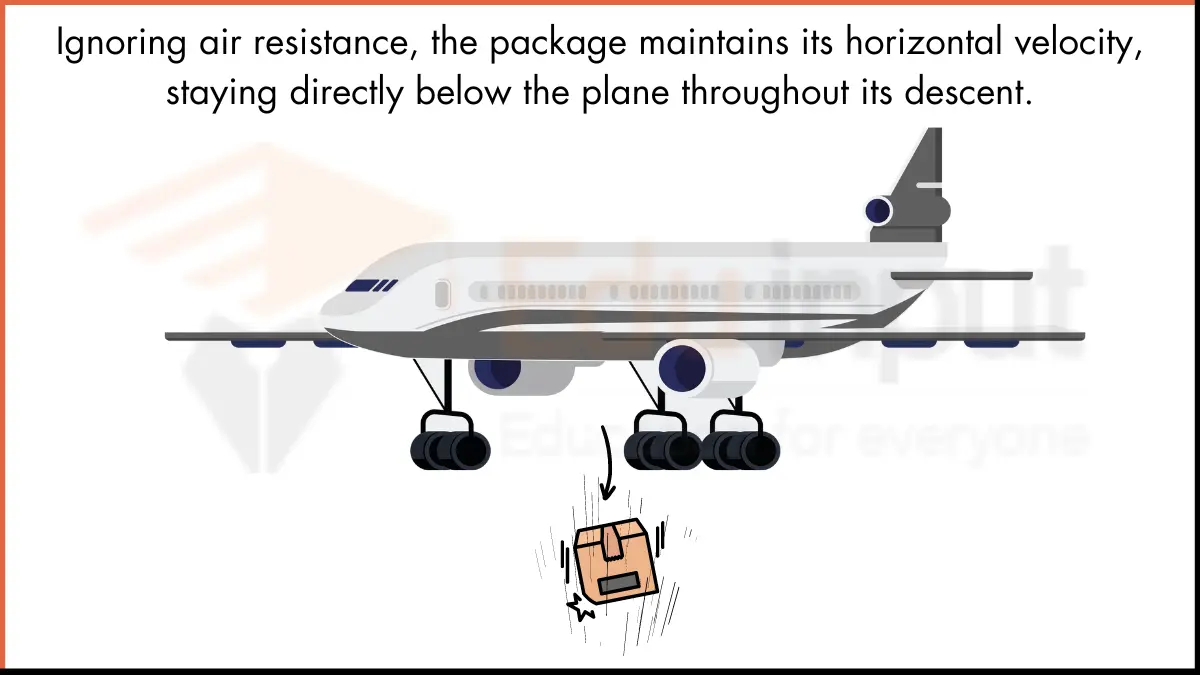 A package is dropped from the plane. Four People sitting in the plane make different statements about the package location when it hits the ground. Air resistance can be ignored.