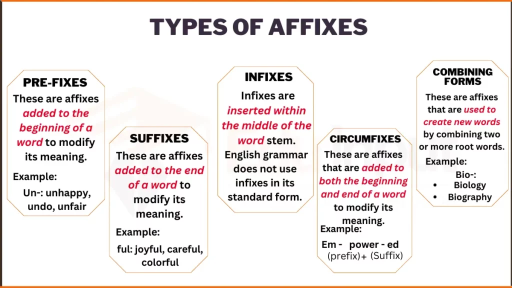 image showing different Types of Affixes  and their examples