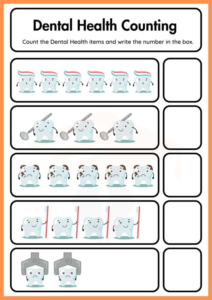 Dental Health Counting Worksheet of KIndergarten
