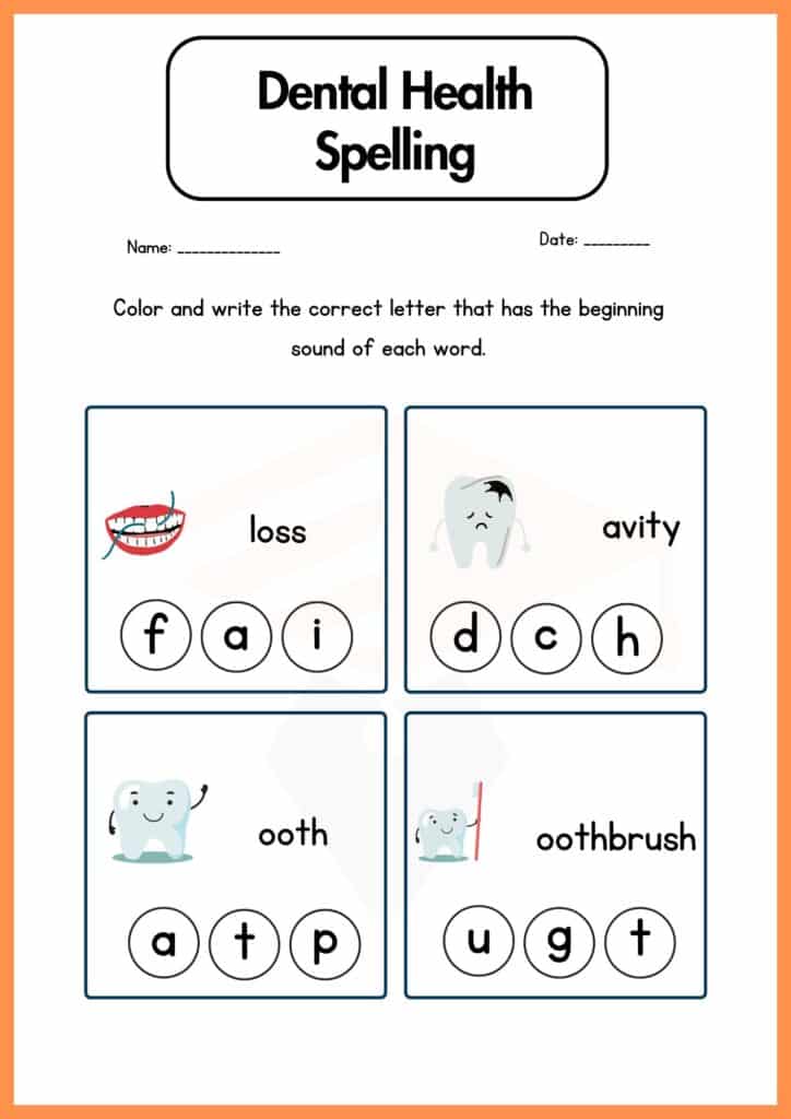 Dental Health Spelling Worksheet of Kindergarten