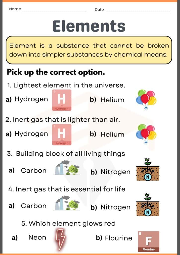 Elements worksheet for grade 6