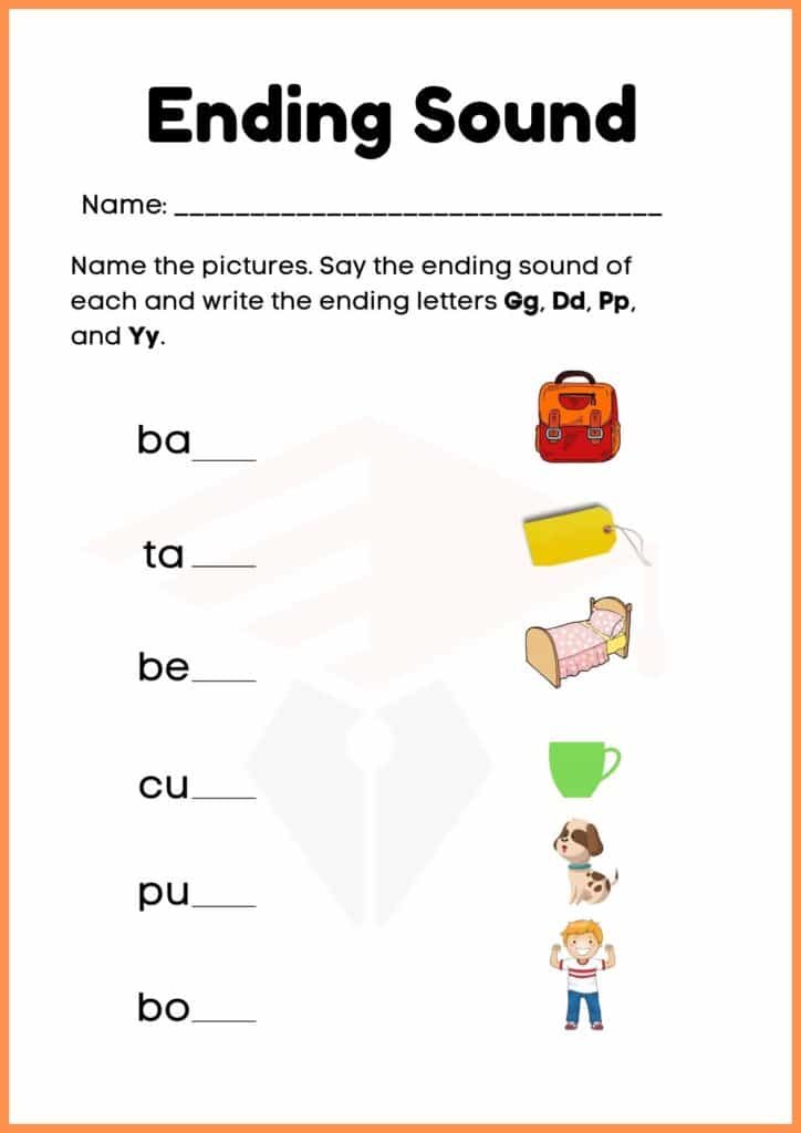 Ending Sound in English worksheet for kindergarten 1