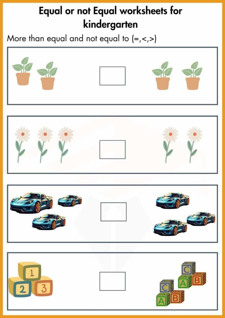 Equal or not Equal worksheet 1 for kindergarten