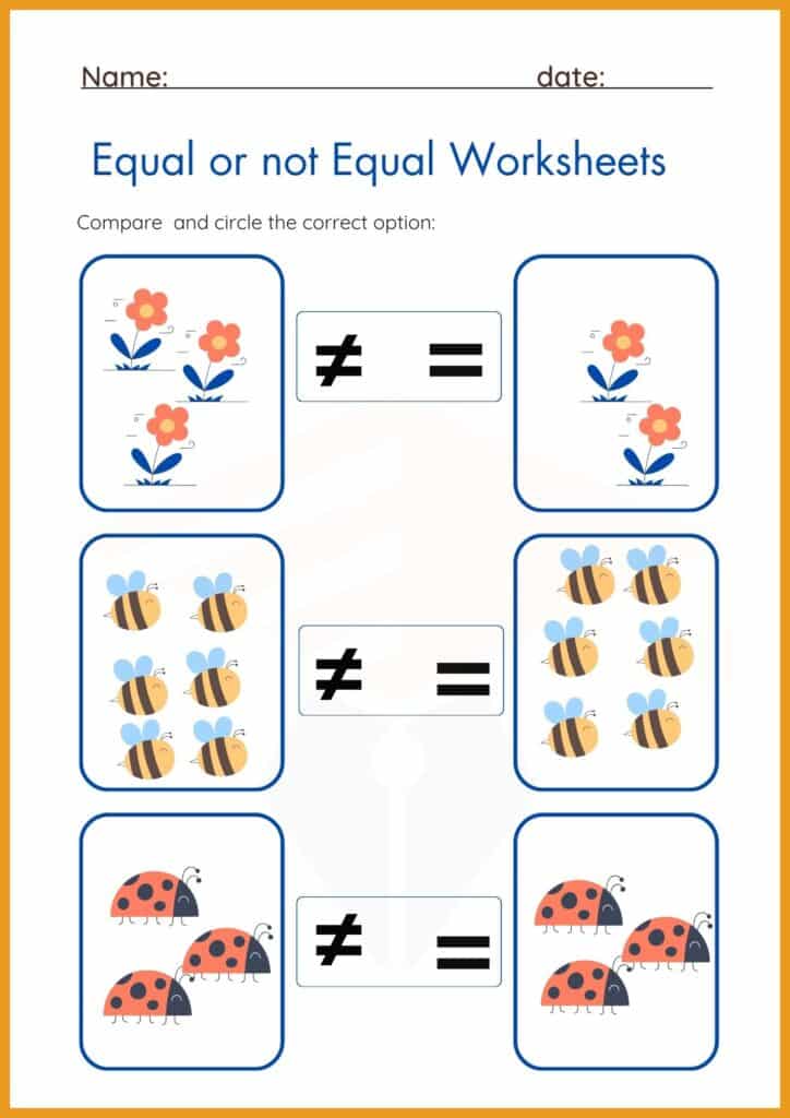 Equal or not Equal worksheet 3 for kindergarten