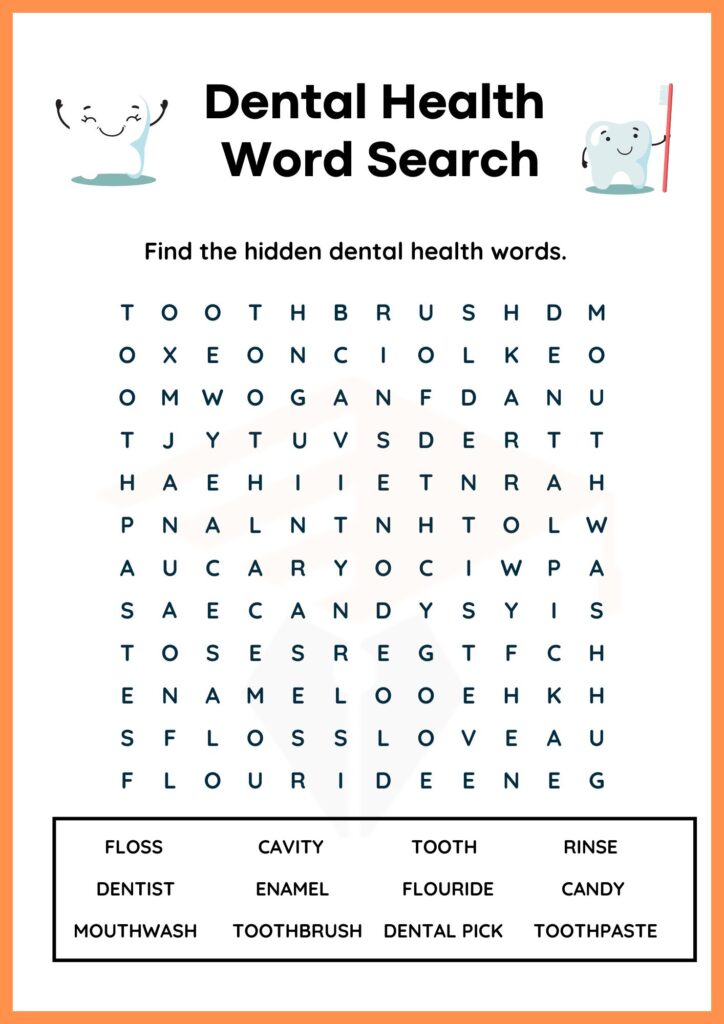Hidden Dental Health Word Search worksheet of kindergarten