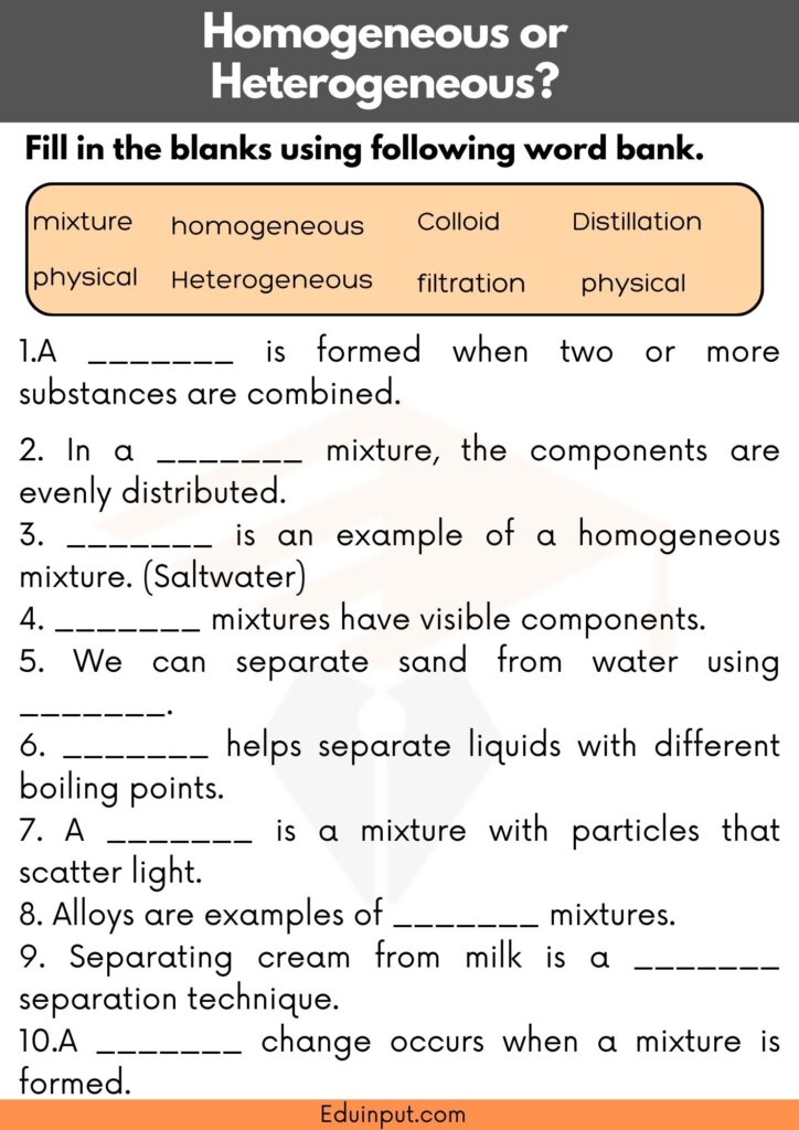 A science exercise page featuring a homogeneous and heterogeneous mixtures worksheet with a word bank for identifying homogeneous and heterogeneous examples.