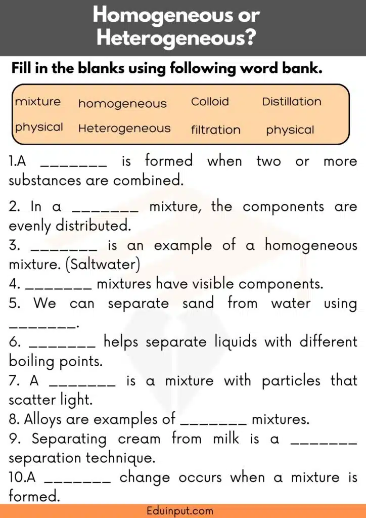 Homogeneous and Heterogeneous worksheet for grade 6