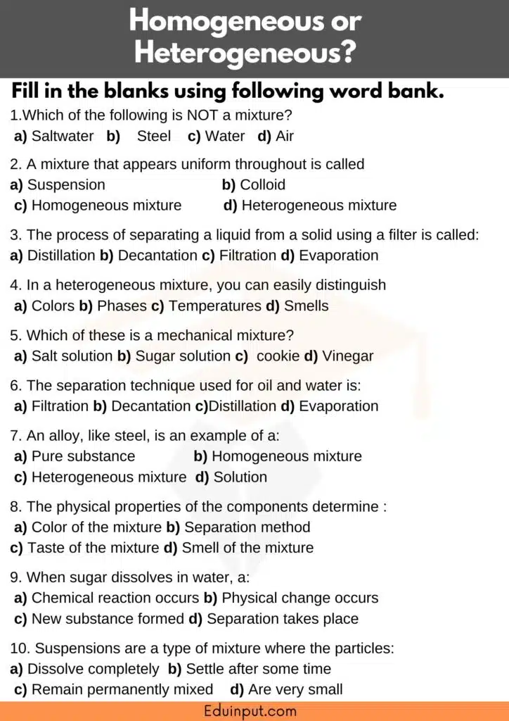 Homogeneous and Heterogeneous worksheet for grade 7