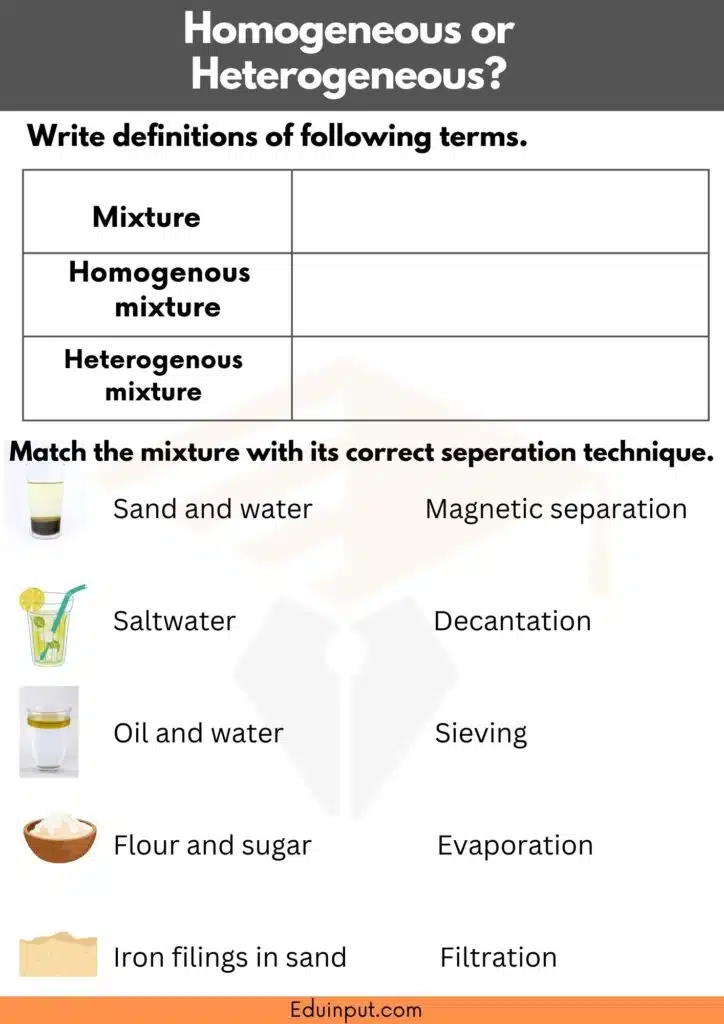 Homogeneous and Heterogeneous worksheet for grade 8