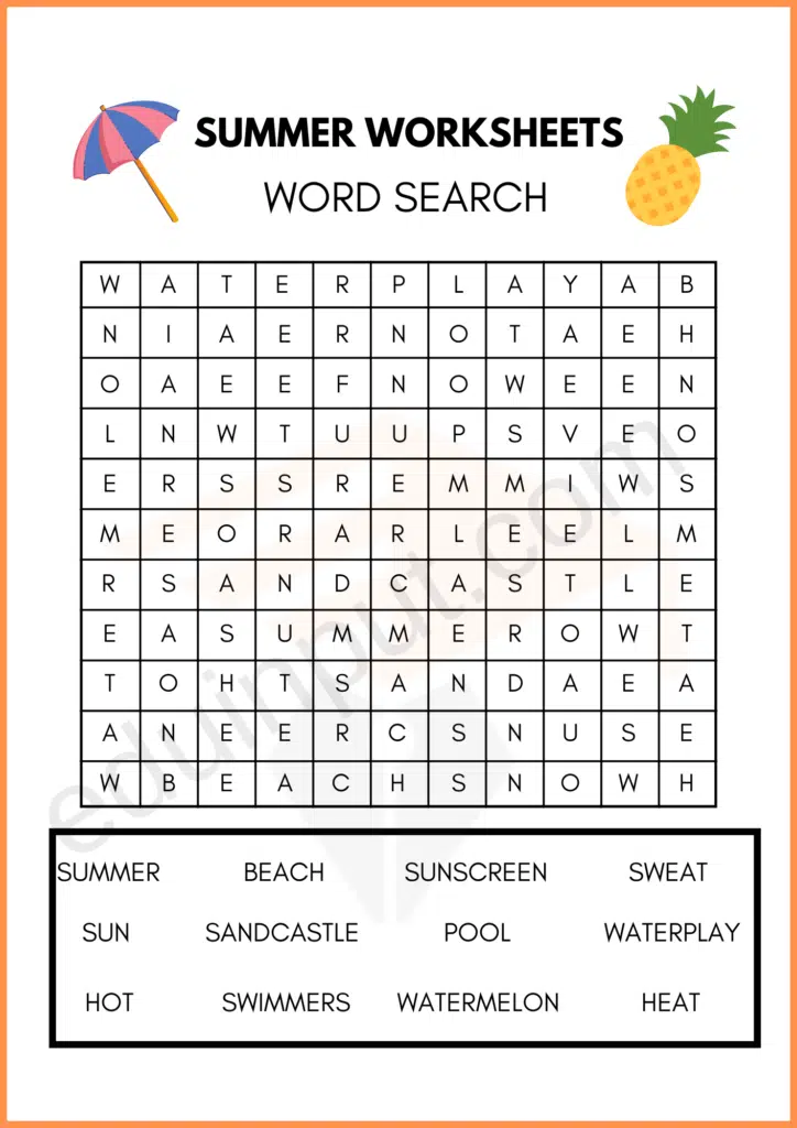 Word Search Summer Worksheets