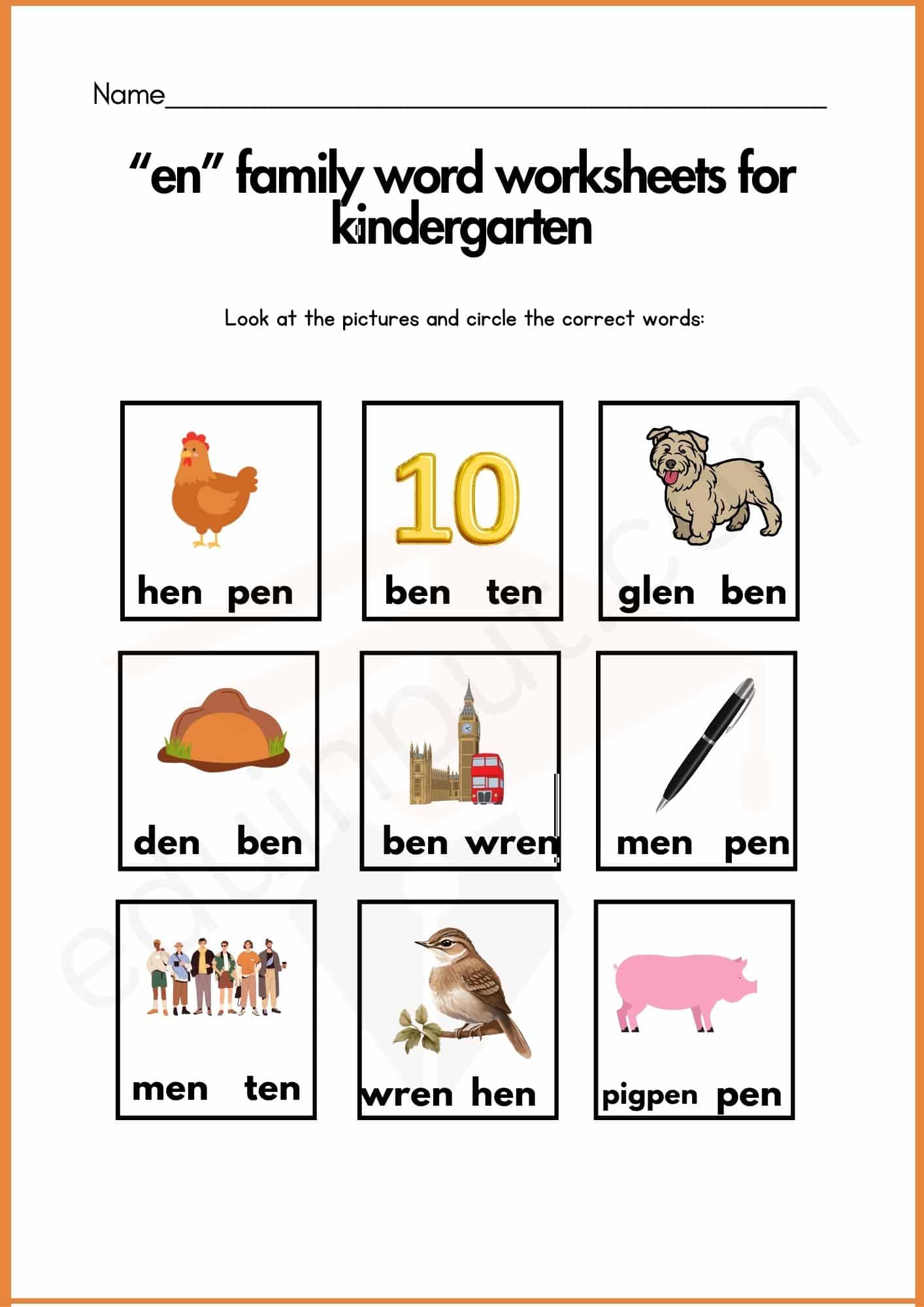 “en” Family Worksheets for Kindergarten