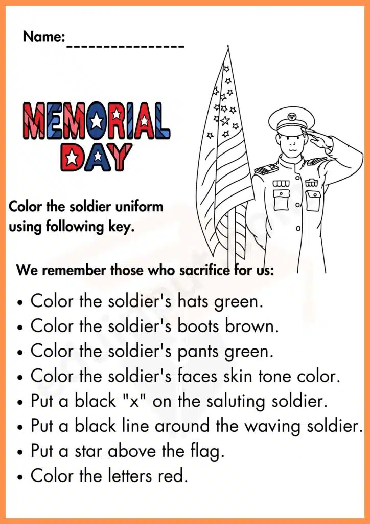 Coloring Memorial Day worksheet for kindergarten