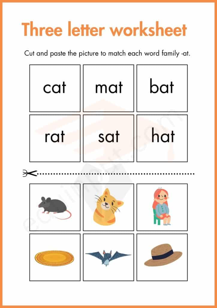 Cut and paste worksheet three letter words for kindergarten
