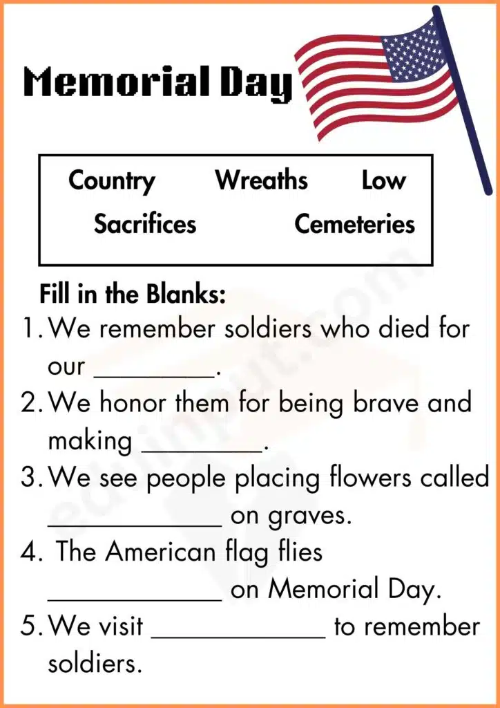Fill in the blanks memorial day worksheet for kindergarten