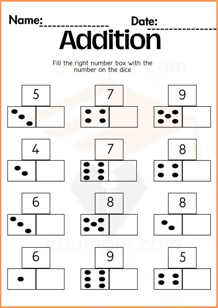 Fill the right number box with the number on the dice addition worksheets 2