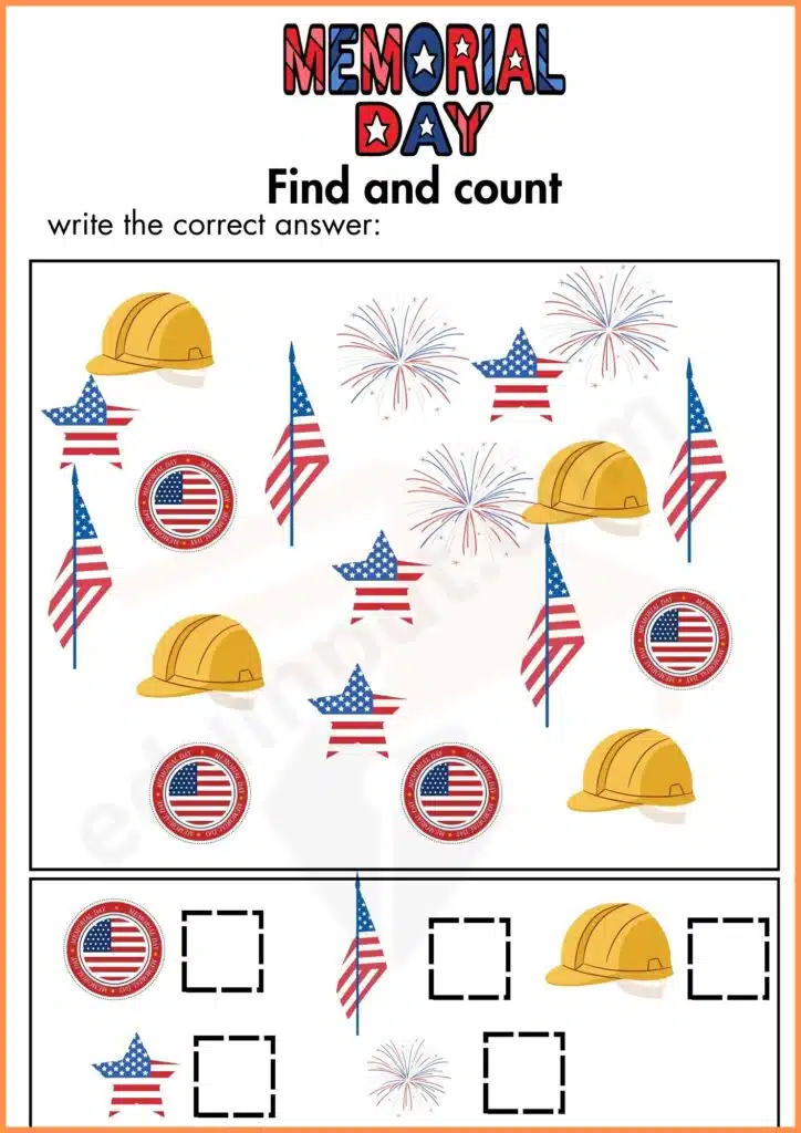 Find and count Memorial day worksheet for kindergarten