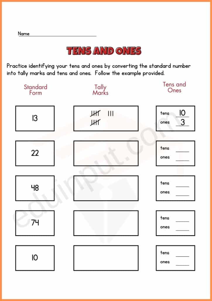 Identifying tens and Ones worksheets