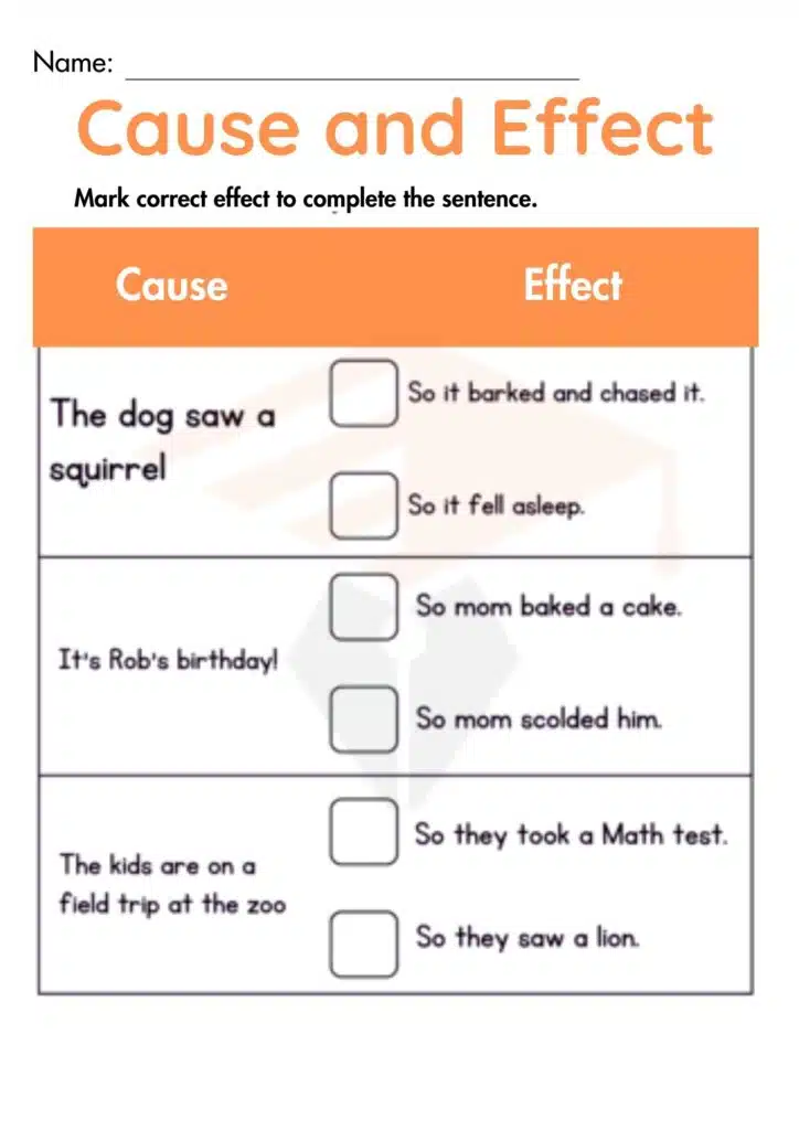 Mark correct effect worksheet for kindergarten