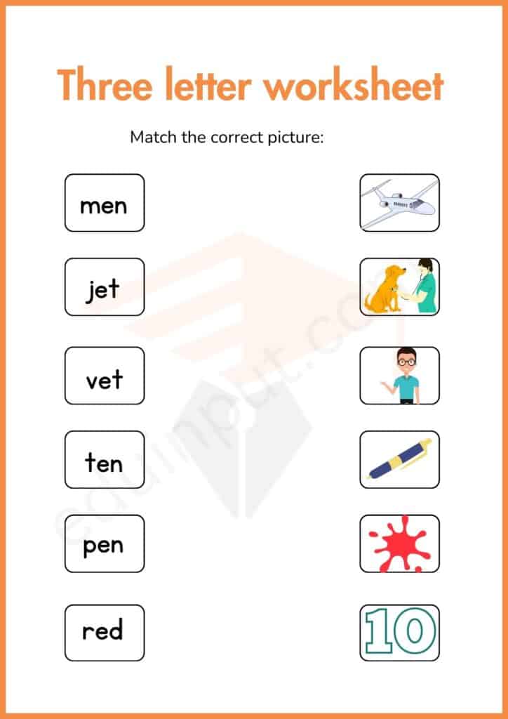 Matching worksheet of three letter words for kindergarten