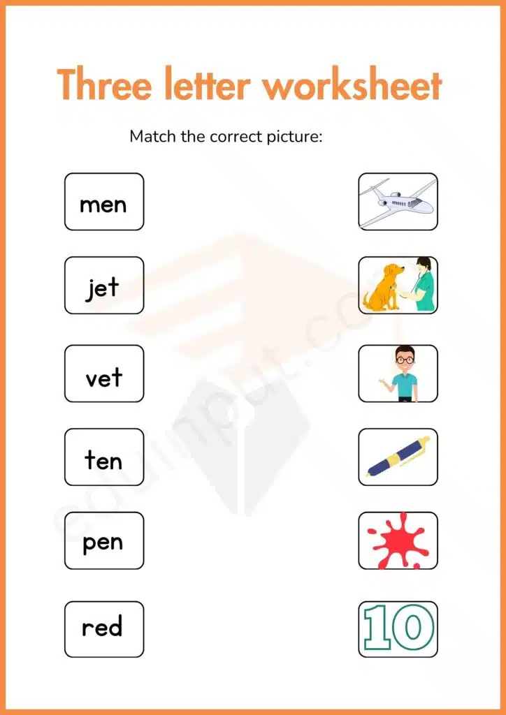 Matching worksheet of three letter words for kindergarten