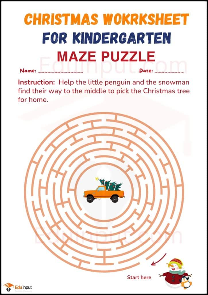 Maze puzzle worksheet of Christmas day for kindergarten