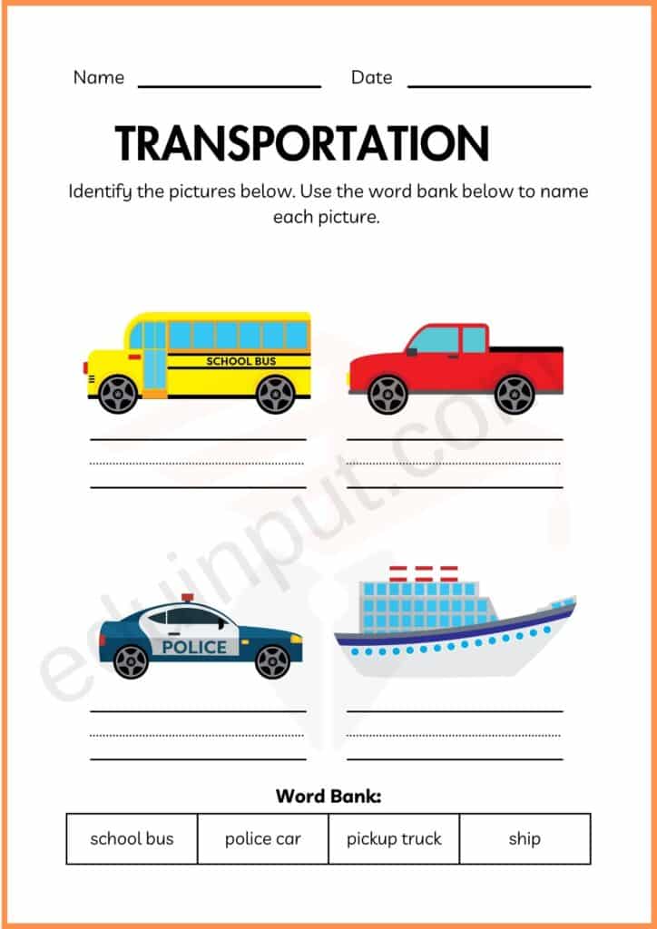Name means of transportation worksheet