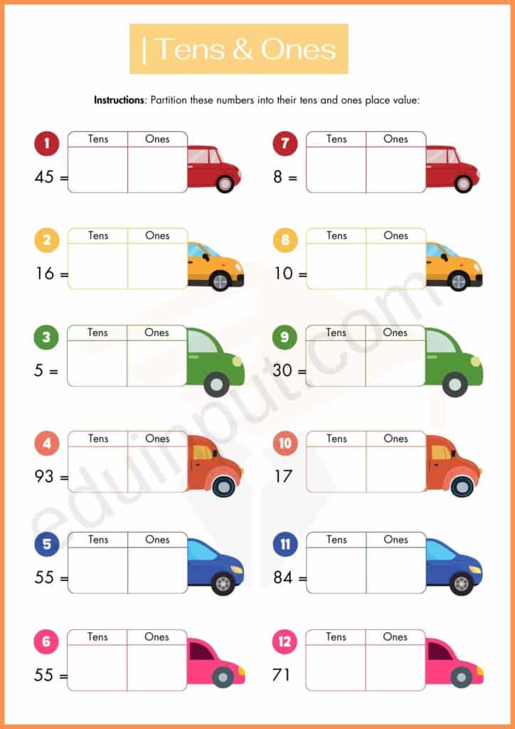 Partition the number worksheet of Tens and Ones