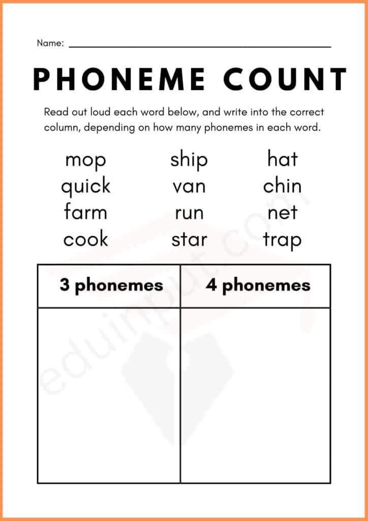 Phenome count worksheet for kindergarten