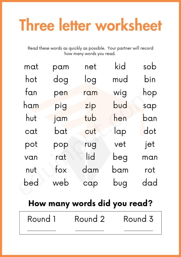 Quickly read words worksheets for kindergareten