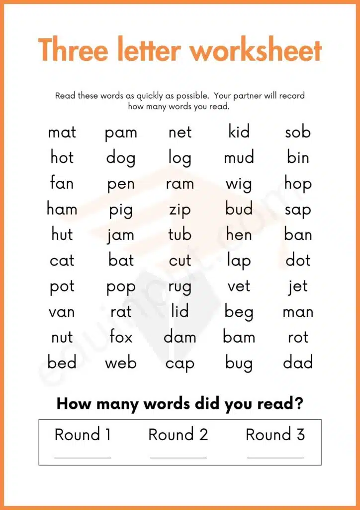 Quickly read words worksheets for kindergareten