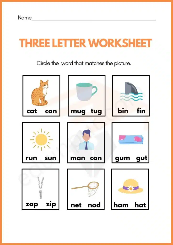 Read and match worksheet of three letter words for kindergarten