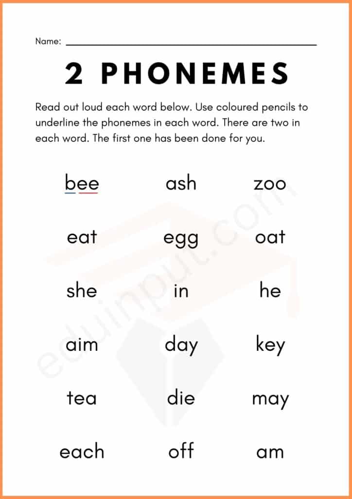 Read and underline 2 phenomes worksheet for kindergarten