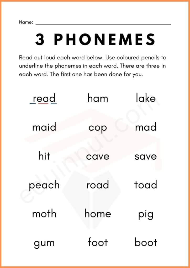 Read and underline 3 phenomes worksheet for kindergarten
