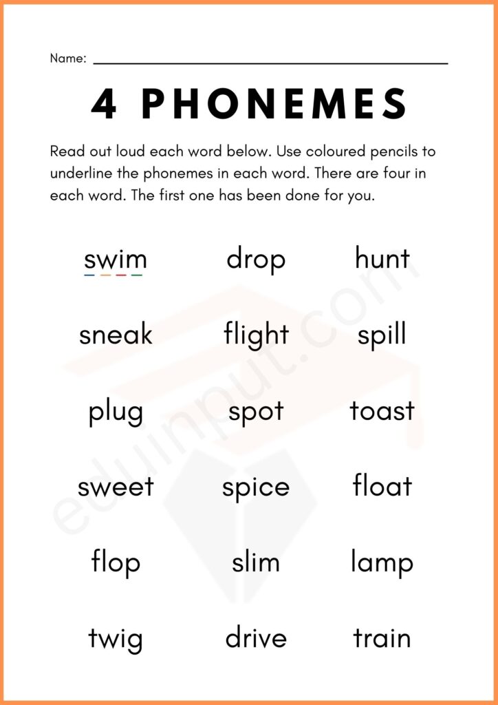 Read and underline 4 phenomes worksheet  for kindergarten