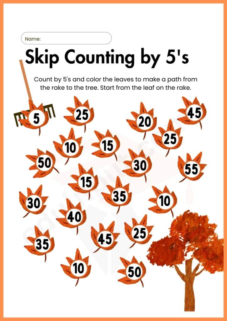 Skip Counting by 5's worksheet of leaves for kindergarten