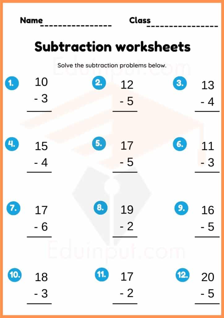 Solve the subtraction problems below. subtractiojn worksheet