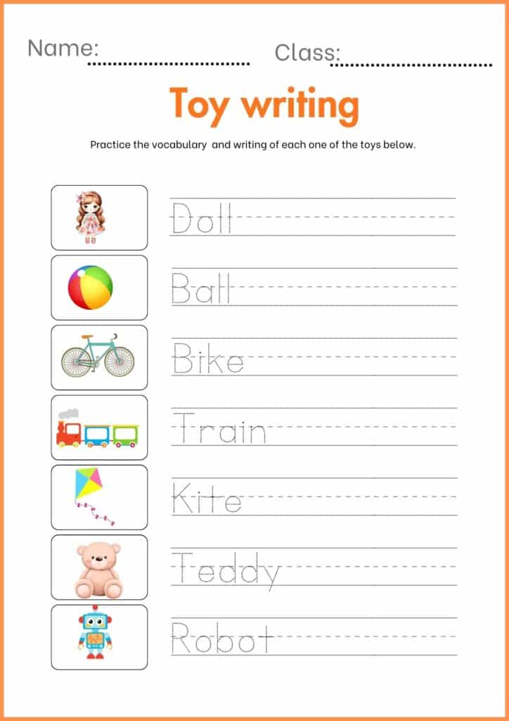 Toy writing worksheet for kindergarten