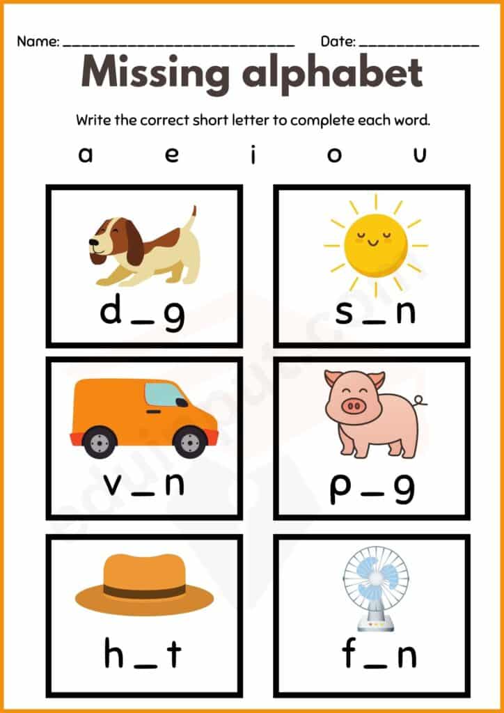 Vowels letter missing alphabet worksheet for kindergarten