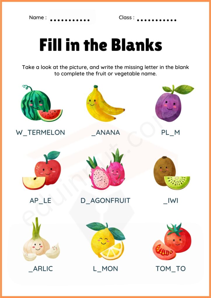 Write missing letters of fruits worksheet for kindergarten