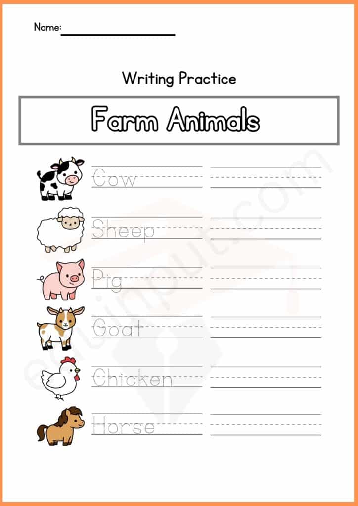 Writing Practice of farm animals names worksheets