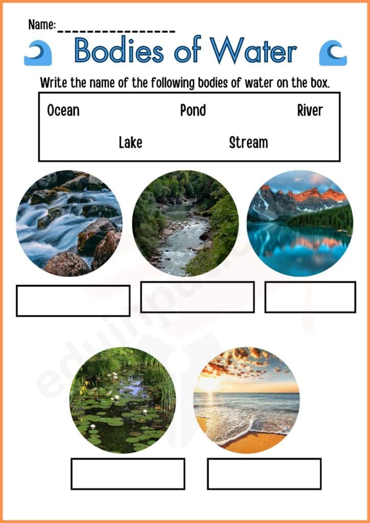write name of bodies of water worksheet for kindergarten