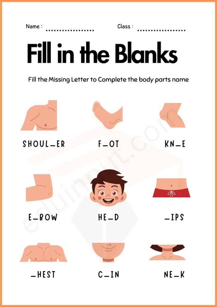 write the missing letter of body parts worksheet for kindergarten