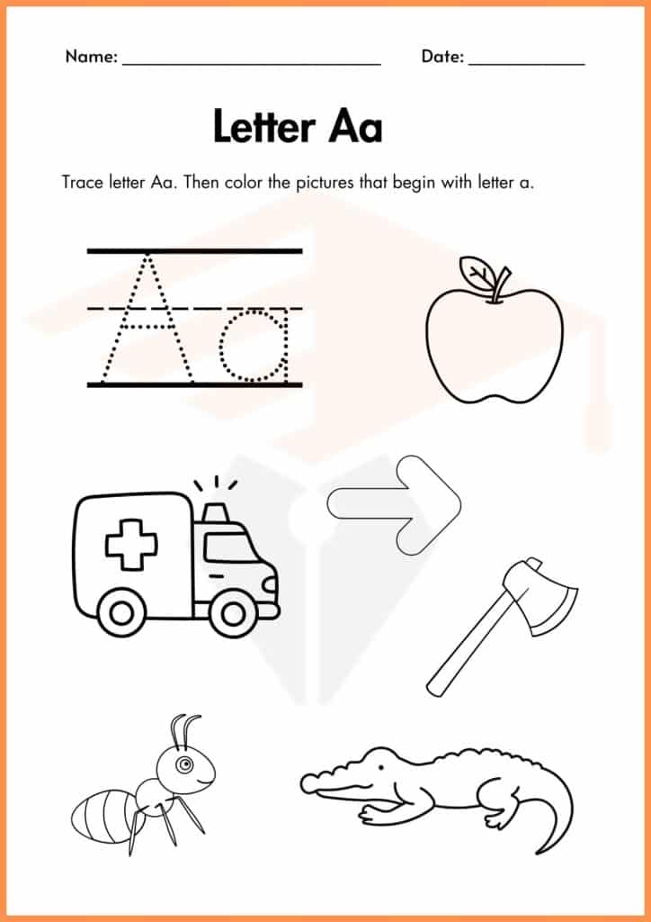 color the picture letter a worksheets 3