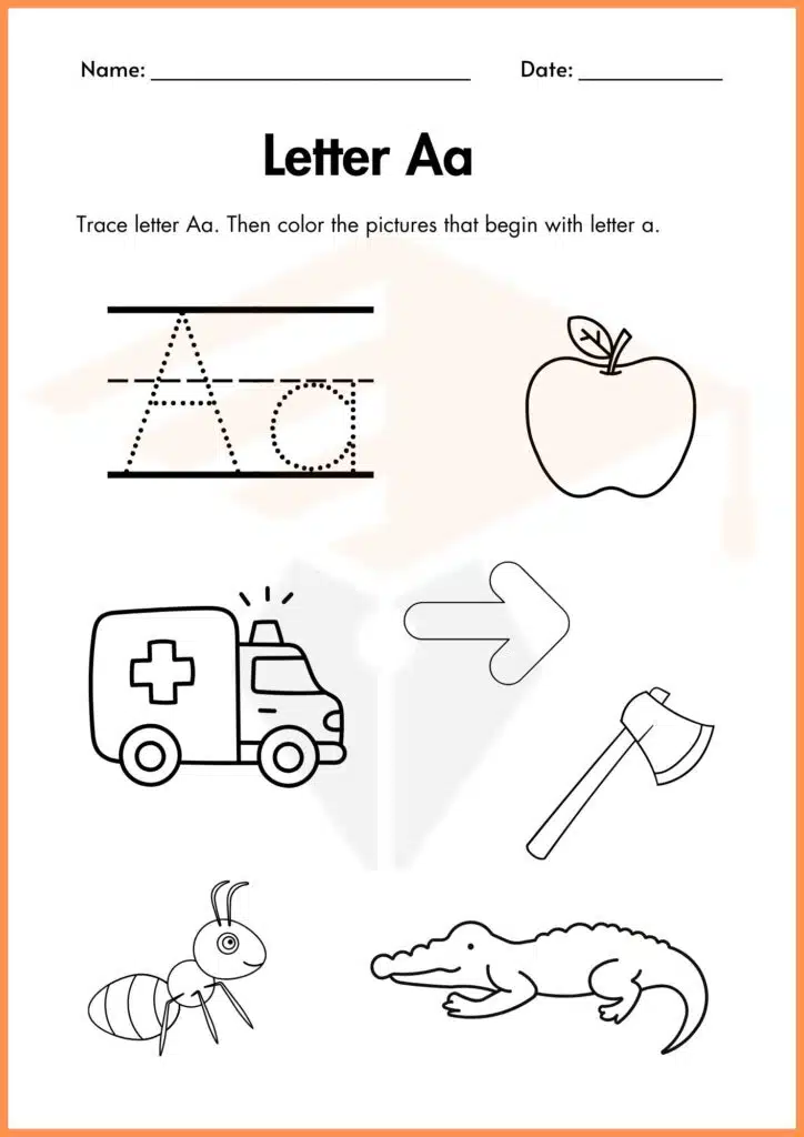 color the picture letter a worksheets 3